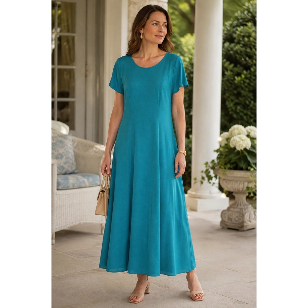 Ursula of Switzerland Teal Blue A-Line Maxi Dress Short Sleeve Vintage Size 12